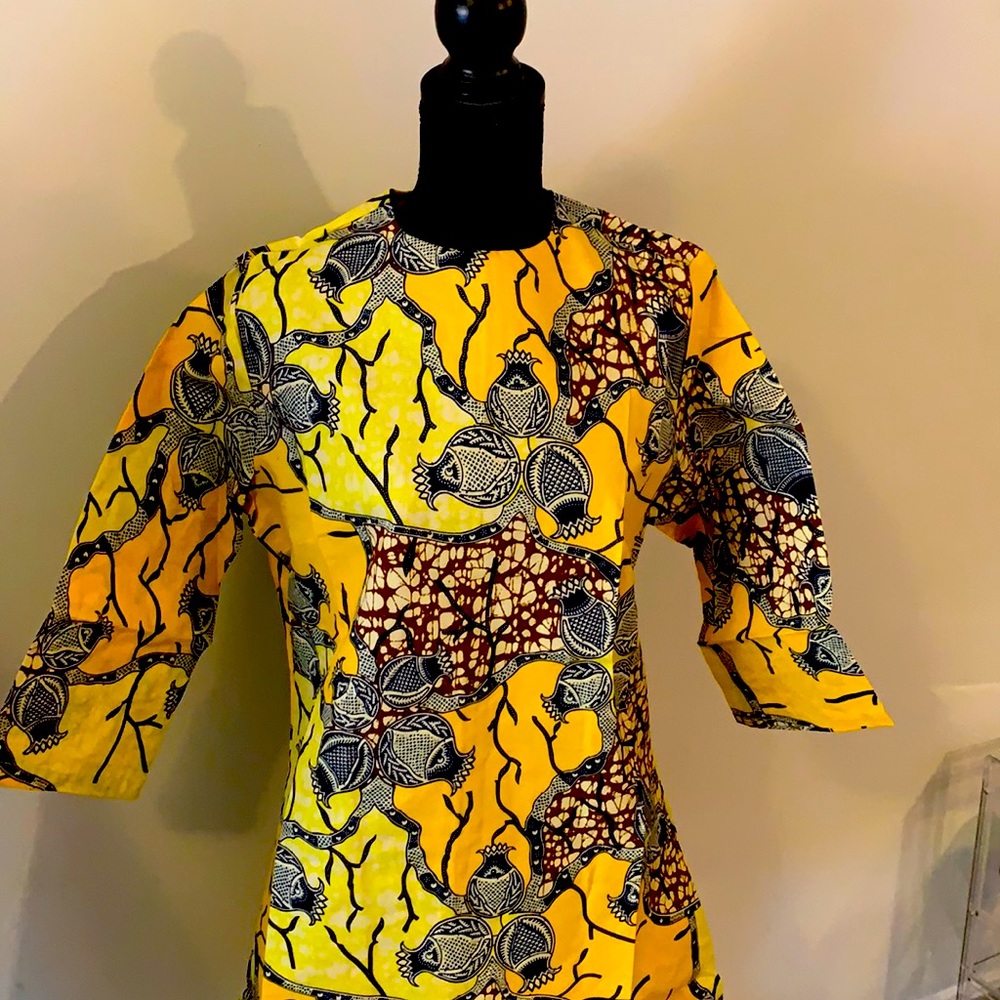 Ankara cotton wax material mini dress with head tie and nose mask.